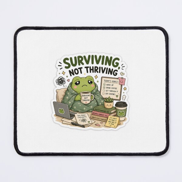 Item preview, Surviving Not Thriving Frog Sticker | Funny Student Life & Burnout Meme designed and sold by GenZStickerHub1.