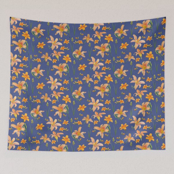 Item preview, Tossed Tiger Lilies on Deep Periwinkle Blue designed and sold by Art in My Loft.