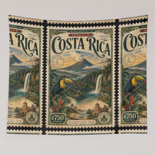 Item preview, Costa Rica Vintage Postal Stamp - Pura Vida Toucan & Volcano Art designed and sold by ernestbullone.