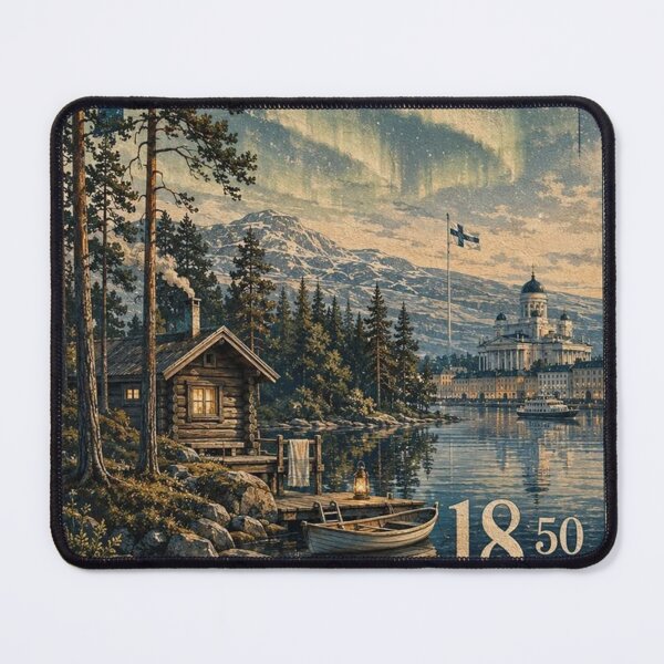 Item preview, Finland Travel Poster Retro Stamp - Finnish Nature & Northern Lights designed and sold by ernestbullone.