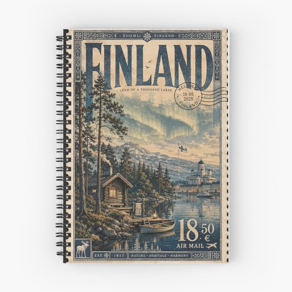 Item preview, Finland Travel Poster Retro Stamp - Finnish Nature & Northern Lights designed and sold by ernestbullone.