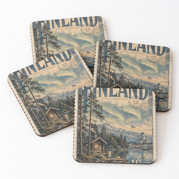 Item preview, Finland Travel Poster Retro Stamp - Finnish Nature & Northern Lights designed and sold by ernestbullone.