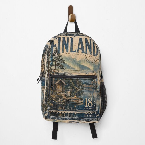 Item preview, Finland Travel Poster Retro Stamp - Finnish Nature & Northern Lights designed and sold by ernestbullone.