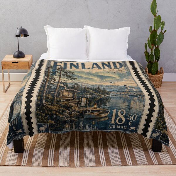 Item preview, Finland Travel Poster Retro Stamp - Finnish Nature & Northern Lights designed and sold by ernestbullone.