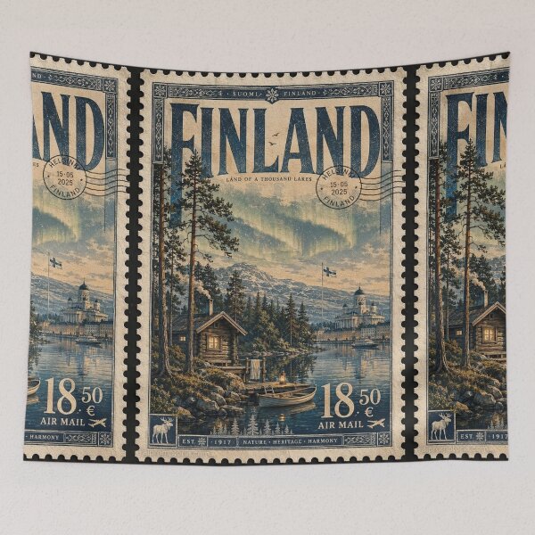 Item preview, Finland Travel Poster Retro Stamp - Finnish Nature & Northern Lights designed and sold by ernestbullone.