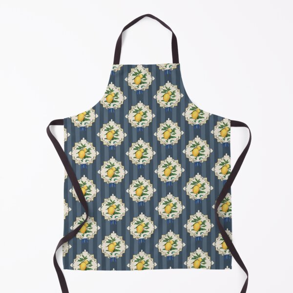 Item preview, Bright lemon pattern design featuring vibrant yellow lemons and green leaves on a blue striped background designed and sold by MiraCleAI.
