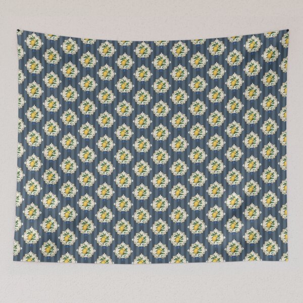 Item preview, Bright lemon pattern design featuring vibrant yellow lemons and green leaves on a blue striped background designed and sold by MiraCleAI.
