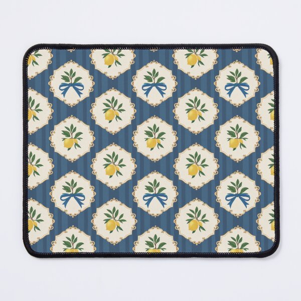 Item preview, Bright lemon pattern design featuring vibrant yellow lemons and green leaves on a blue striped background designed and sold by MiraCleAI.