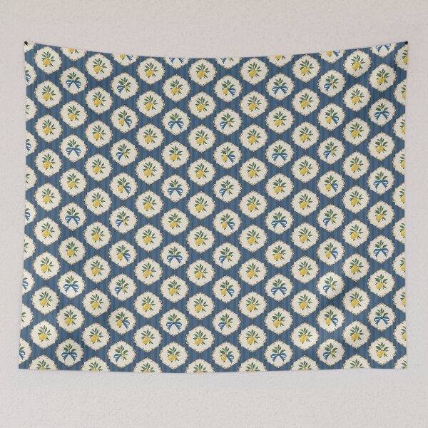 Item preview, Bright lemon pattern design featuring vibrant yellow lemons and green leaves on a blue striped background designed and sold by MiraCleAI.