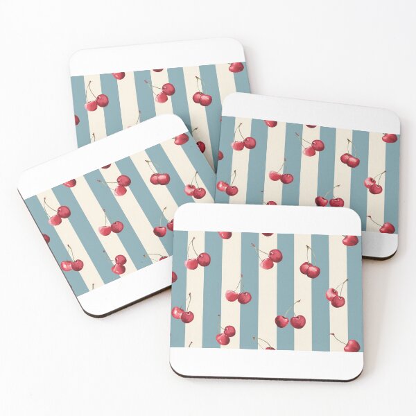 Item preview, Colorful cherry pattern design with alternating blue and cream stripes, perfect for textiles and home decor projects designed and sold by MiraCleAI.