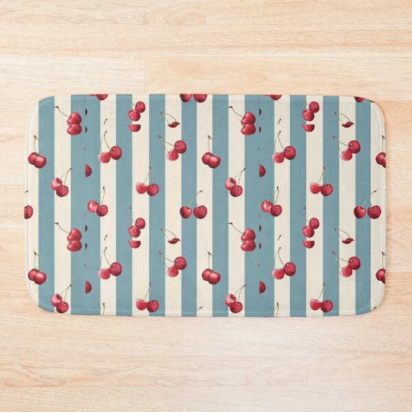 Item preview, Colorful cherry pattern design with alternating blue and cream stripes, perfect for textiles and home decor projects designed and sold by MiraCleAI.