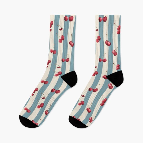 Item preview, Colorful cherry pattern design with alternating blue and cream stripes, perfect for textiles and home decor projects designed and sold by MiraCleAI.
