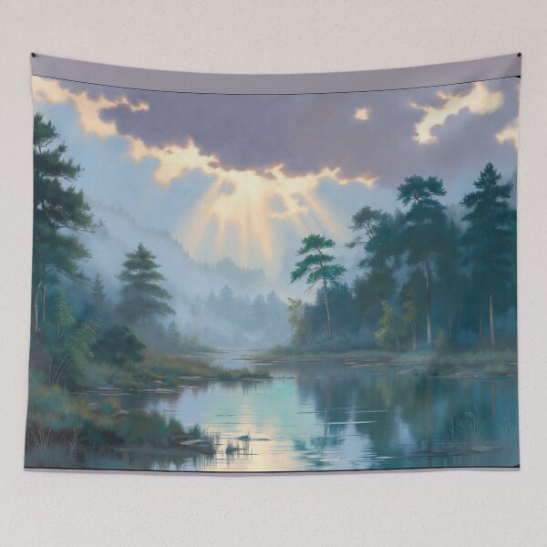 Item preview, Calming Morning Sun Rays Misty Pine Forest Lake Landscape designed and sold by Nexus Space.