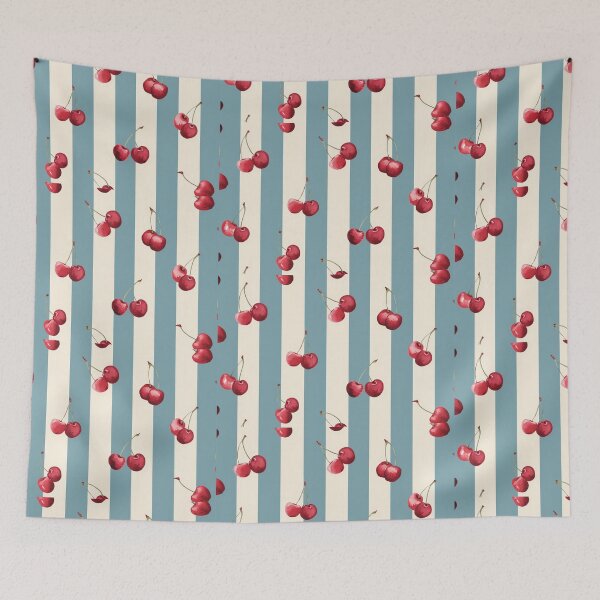 Item preview, Colorful cherry pattern design with alternating blue and cream stripes, perfect for textiles and home decor projects designed and sold by MiraCleAI.
