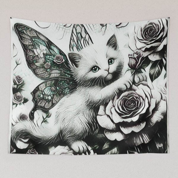 Item preview, Vintage Fairy Cat Kitten with Butterfly Wings and Stained Glass Roses designed and sold by Dream Weave Studio.
