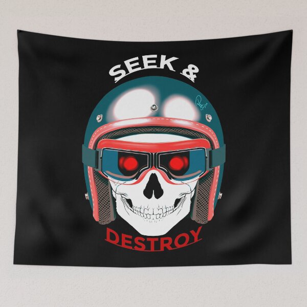 Item preview, Seek and Destroy Blue Vintage Motorcycle Helmet Skull Art designed and sold by Rhapsodic1290.
