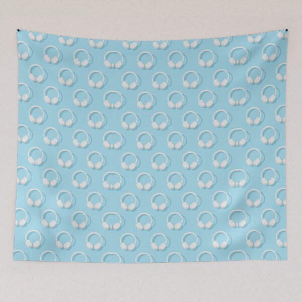 Item preview, White headphones arranged in a uniform pattern on a light blue background showcasing modern audio accessories designed and sold by MiraCleAI.