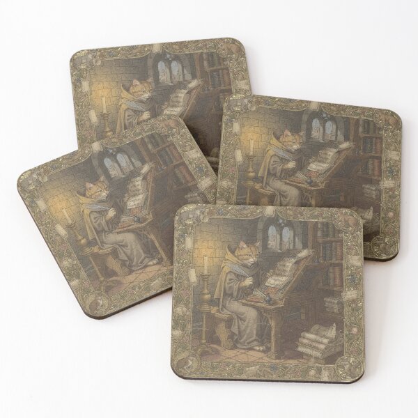 Item preview, Medieval Cat Scribe Copying a Manuscript by Candlelight designed and sold by PictorialWhimsy.