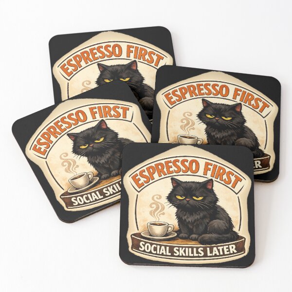 Item preview, Espresso First Social Skills Later Black Cat designed and sold by Concrete Coffee Studio.