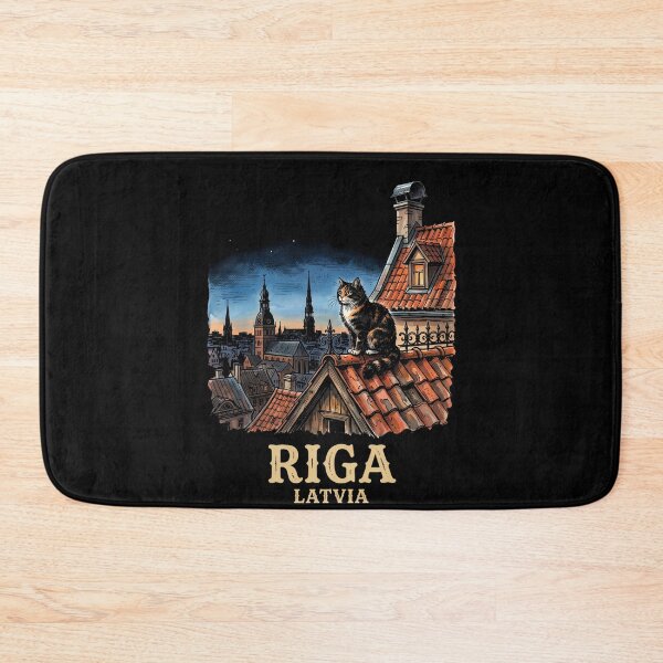 Item preview, Riga Latvia — Vintage Cityscape Cat Poster designed and sold by Ar0undTheW0rld.