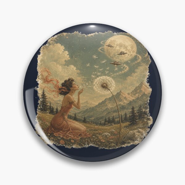 Item preview, Dandelion Orbit Surreal Moon UFO Alpine Meadow Art designed and sold by POD DYNASTY | Original Print On Demand T-Shirt Graphics.