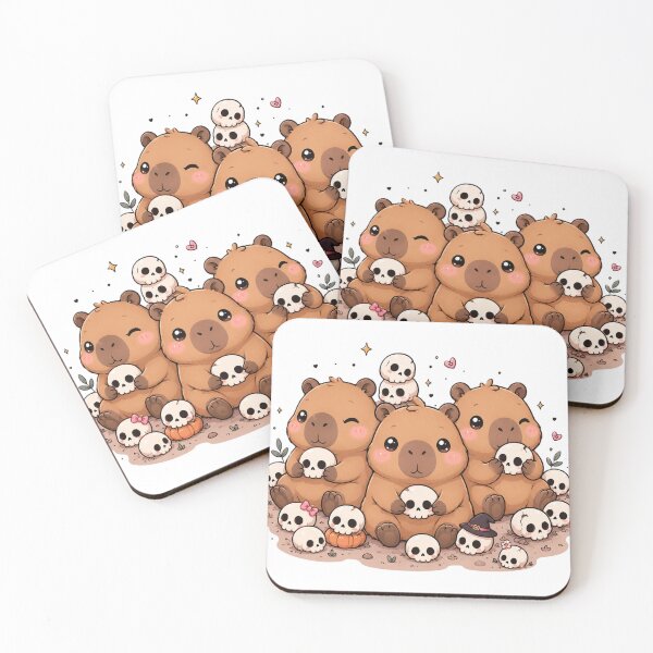 Aperçu de l'œuvre Cute Capybara Trio & Mini Skulls – Kawaii Halloween Design créée et vendue par AstraDrip Studio.