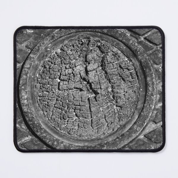 Item preview, Weathered Tree Ring Manhole Cover in Metal Grid Pavement, Black and White Texture Close-Up designed and sold by Nmallia.