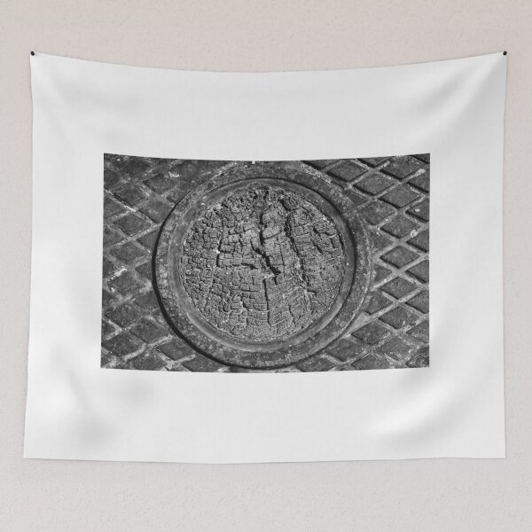 Item preview, Weathered Tree Ring Manhole Cover in Metal Grid Pavement, Black and White Texture Close-Up designed and sold by Nmallia.