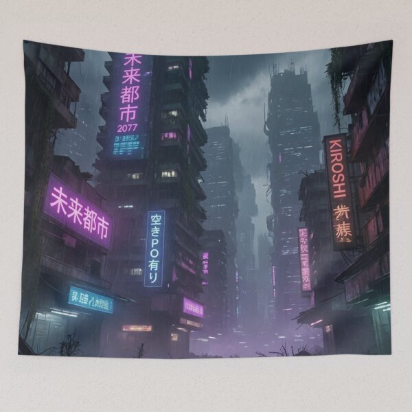 Item preview, Rainy Cyberpunk Dystopian City with Neon Signs designed and sold by Pioneer Spirit Market.