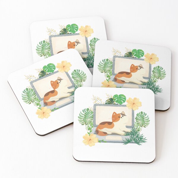 Item preview, Cute Calico Cat On Laptop Botanical Illustration designed and sold by StoriesInGrain.