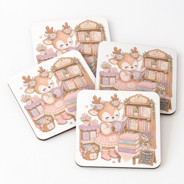 Artikelvorschau, Cute Reading Reindeer | Kawaii Deer in Cozy Bookstore Cottagecore Book Lover Art entworfen und verkauft von looplandger.