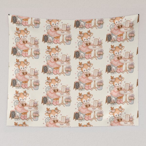 Item preview, Cute Reindeer at Cozy Café | Kawaii Deer Drinking Iced Coffee Cottagecore Pastel Floral Art designed and sold by looplandger.