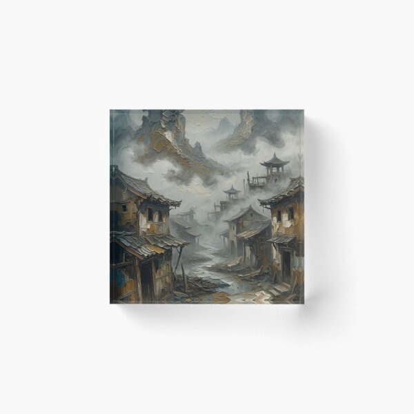 Aperçu de l'œuvre Misty Mountain Village Oil Painting créée et vendue par Pioneer Spirit Market.