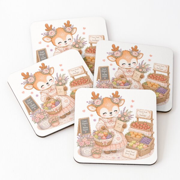Artikelvorschau, Cute Reindeer at the Farmers Market | Kawaii Cottagecore Deer with Flowers & Fresh Fruit Pastel Illustration entworfen und verkauft von looplandger.
