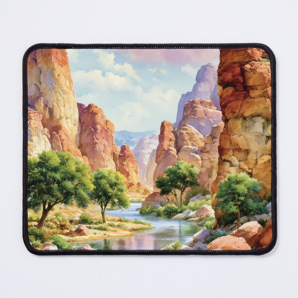 Item preview, Red Rock Canyon River Watercolor Landscape Art designed and sold by MargaretWiktor.