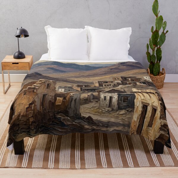 Aperçu de l'œuvre Desert Village with Mountains Oil Painting créée et vendue par Pioneer Spirit Market.