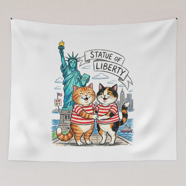 Item preview, Cute Cats at Statue of Liberty - Matching Striped Tee Kittens NYC Travel Art designed and sold by TaiwanMemory.