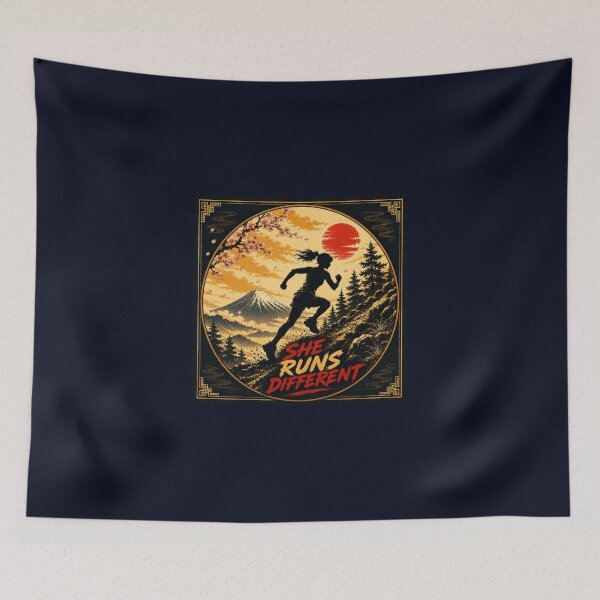 Item preview, She Runs Different Japanese Ukiyo-e Trail Running Sticker/T-Shirt Art designed and sold by Locker39.