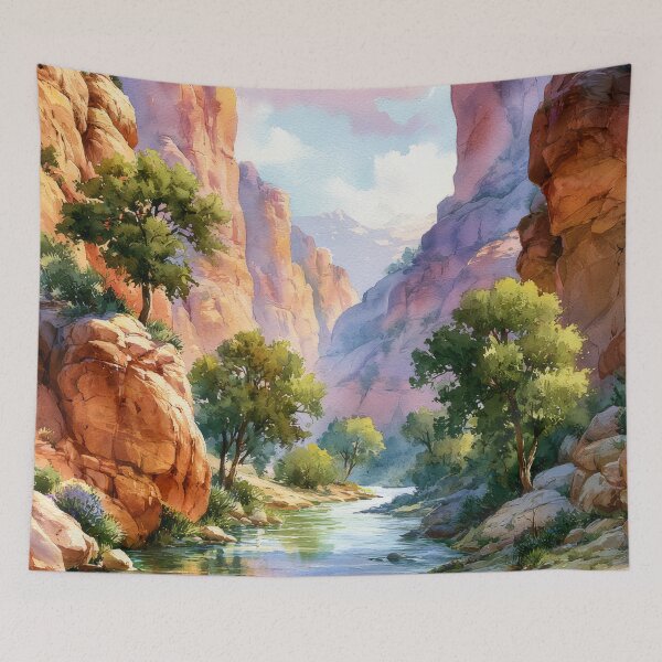 Item preview, Red Rock Canyon River Watercolor Landscape Art designed and sold by MargaretWiktor.