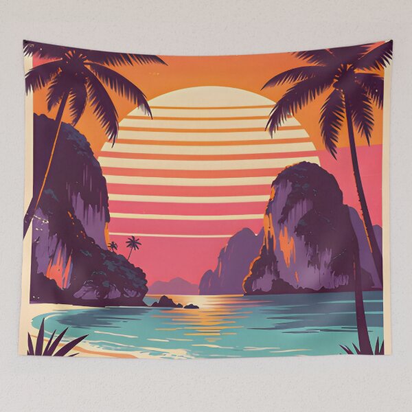 Item preview, Maya Bay Thailand Retro Sunset Travel Poster Tropical Beach Wall Art designed and sold by Spirit of Siam.