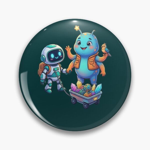 Item preview, Cute Space Robot and Alien Friend with Cosmic Crystal Cart designed and sold by Dream Weave Studio.