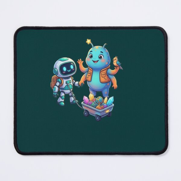 Item preview, Cute Space Robot and Alien Friend with Cosmic Crystal Cart designed and sold by Dream Weave Studio.