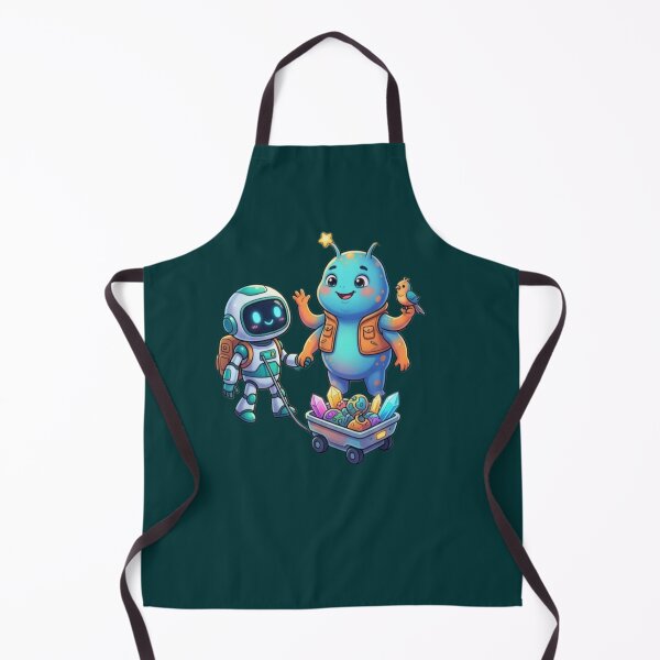 Item preview, Cute Space Robot and Alien Friend with Cosmic Crystal Cart designed and sold by Dream Weave Studio.