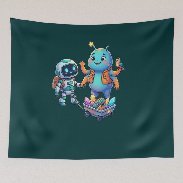Item preview, Cute Space Robot and Alien Friend with Cosmic Crystal Cart designed and sold by Dream Weave Studio.