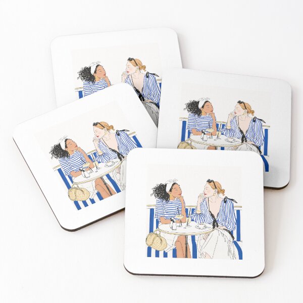 Item preview, Chic Café Conversation Fashion Illustration | Blue Stripe Elegant Women Art Print designed and sold by Ramona-Gliga.