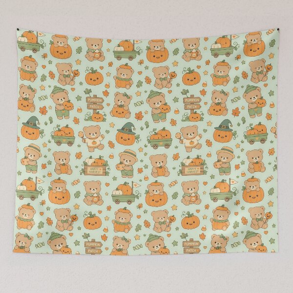 Item preview, Teddy Bear Pumpkin Patch Kawaii Pattern designed and sold by Soft Berry Studio.