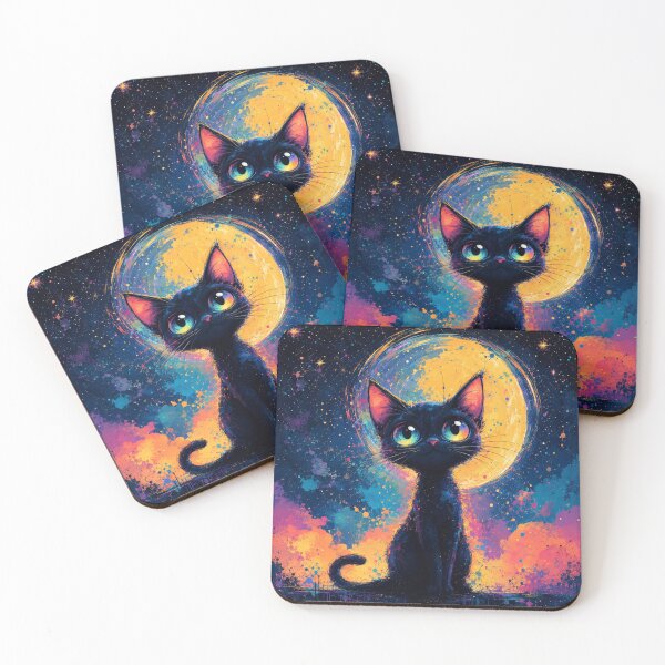 Item preview, Cute Black Cat Moon Art | Kawaii Galaxy Cat Illustration | Magical Night Sky Wall Decor designed and sold by AbstractAuraArt.