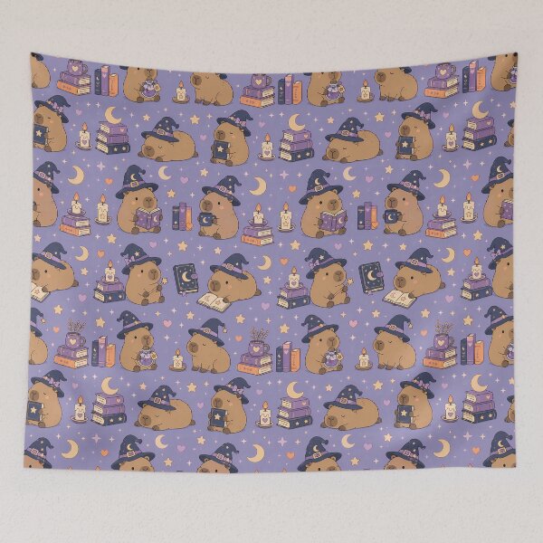 Item preview, Kawaii Capybara Witchy Library Pattern designed and sold by Soft Berry Studio.