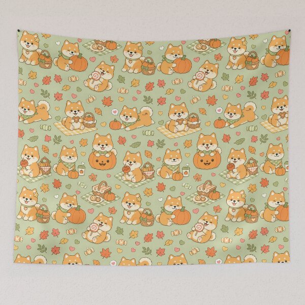 Item preview, Kawaii Shiba Pumpkin Picnic Fall Pattern designed and sold by Soft Berry Studio.