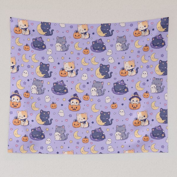 Item preview, Kawaii Cozy Cat Moonlight Halloween Pattern designed and sold by Soft Berry Studio.